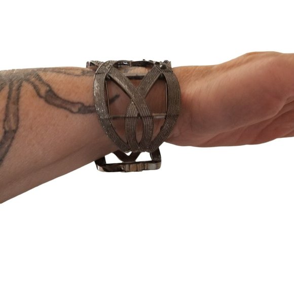 Dark Silver Black Crystals Rhinestone Woven Hollow Out Cuff Bangle Bracelet - Picture 8 of 12